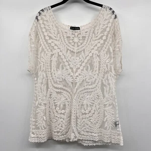 Knapp Studio Top Sheer Ivory Embroidered Lace Short Sleeve Womens Size Medium - Picture 1 of 10