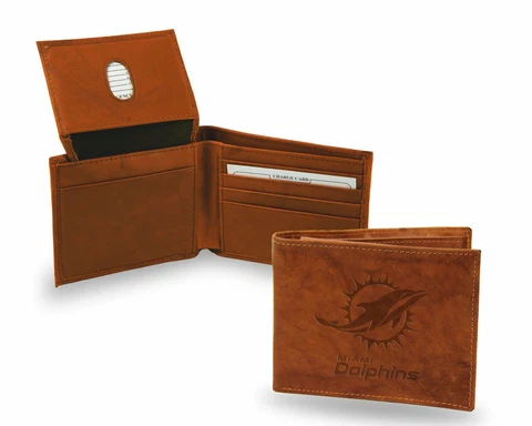 Miami Dolphins Wallet Premium Brown LEATHER BillFold Embossed Bifold Football Cover