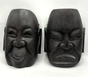 Wood Carved Buddha Mask Large Happy Sad Wall Hanging Dark Finish 10.5" x 8" - Picture 1 of 7