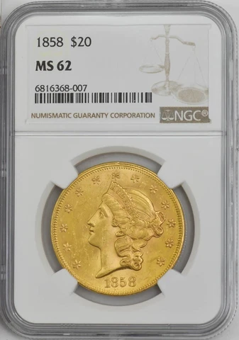 1858 $20 Gold Liberty MS62 NGC 946003-1 Cover