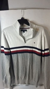 Tommy Hilfiger Herren L/G Quarter Zip Pullover weiß grau gestreift Pulli Strick - Bild 1 von 4