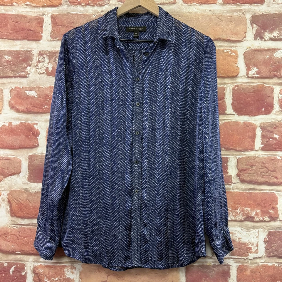 Banana Republic Dillon Top Womens Medium Blue White Herringbone Button Up Shirt - Image 1 of 4