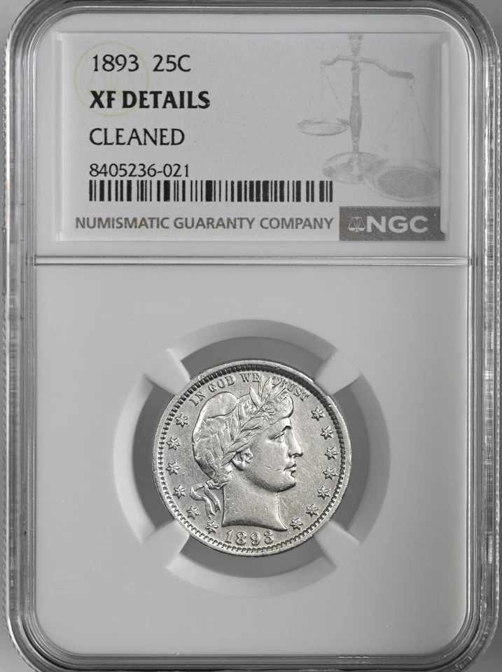 1893-P  25C BARBER SILVER QUARTER  NGC XF DETAILS "CLEANED"  #8405236-021 - Image 1 of 4