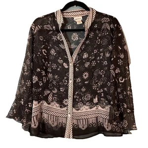 Nicola Black & White Sheer Floral Tunic Ruffle Y2K Tunic Top Large Whimsigoth - Picture 1 of 9