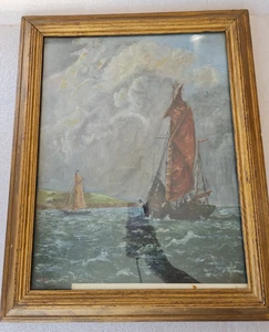 Antico dipinto ad olio firmato - Marittimo / Navi / Paesaggio marino - Foto 1 di 24