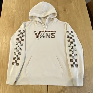 Vans White Hoodie Women’s Medium Animal Print Logo And Checkered Sleeves Hit - Picture 1 of 11