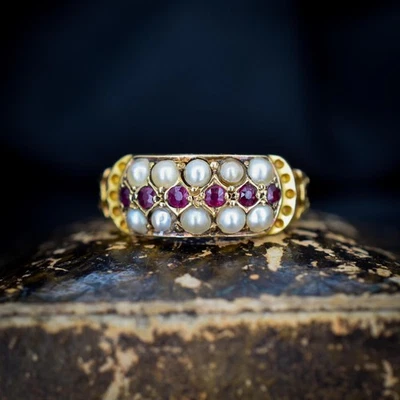 Antique Victorian Double Pearl and Ruby 18ct Gold Ring | Chester 1895 - Image 1 of 4