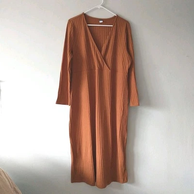Old Navy Maternity Dress XL Brown Maxi Faux Wrap Rib Knit Long Sleeve Cotton New - Image 1 of 4