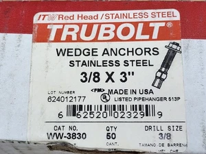Red Head Tru Bolt WW-3830 3/8" x 3" caja de 50 anclajes de cuña de acero inoxidable - Imagen 1 de 3