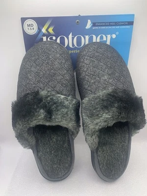 ISOTONER MEMORY FOAM SLIPPERS WOMEN SIZE MD 7.5-8 Faux Extended Heel Cushion ST - Image 1 of 4