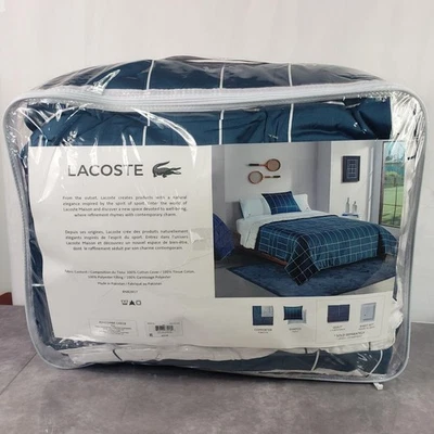 Juego de edredón doble a cuadros Lacoste Ashcombe azul reversible rejilla cubierta de algodón Foto 1 de 4
