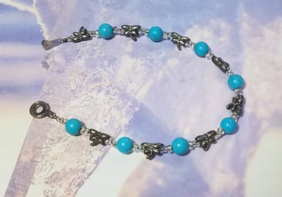 Vintage Pewter Butterfly Clear Bead Turquoise Bead Snap Closure Bracelet Costume - Image 1 of 4