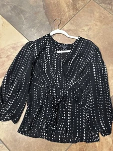 Anne Klein Silk Blouse 10P Wrap Belt Tie Black White Modern Polka Dot Career - Picture 1 of 10