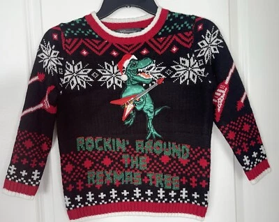 New 33 Degrees Boy's Youth M T-Rex Guitar  Christmas Sweater Dinosaur Size 6 - Image 1 of 3