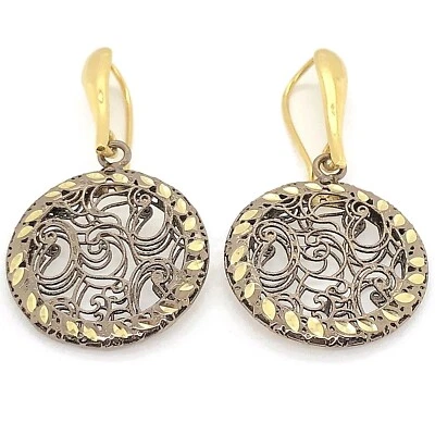 Italian 14k Two Tone Gold Round Filigree Drop Dangle Earrings 1.7" 6.3 grams - Image 1 of 4