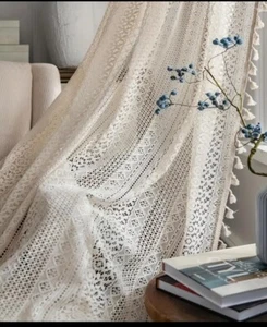 Boho Chic Crochet Knit Window Sheer Curtain Lace Sheer 59” x 87” Tassels Romance - Picture 1 of 4