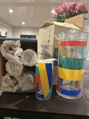 STOTTER Acrílico Mediados de Siglo Años 70 6 Tazas Altas con Jarra Caleidoscopio EE. UU. Retro Foto 1 de 4