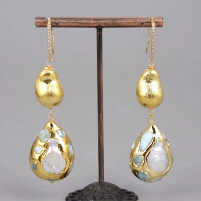 Cultured White Pearl Teardrop Shape Blue larimar Brushed Bead CZ Hook Earrings - Image 1 of 4