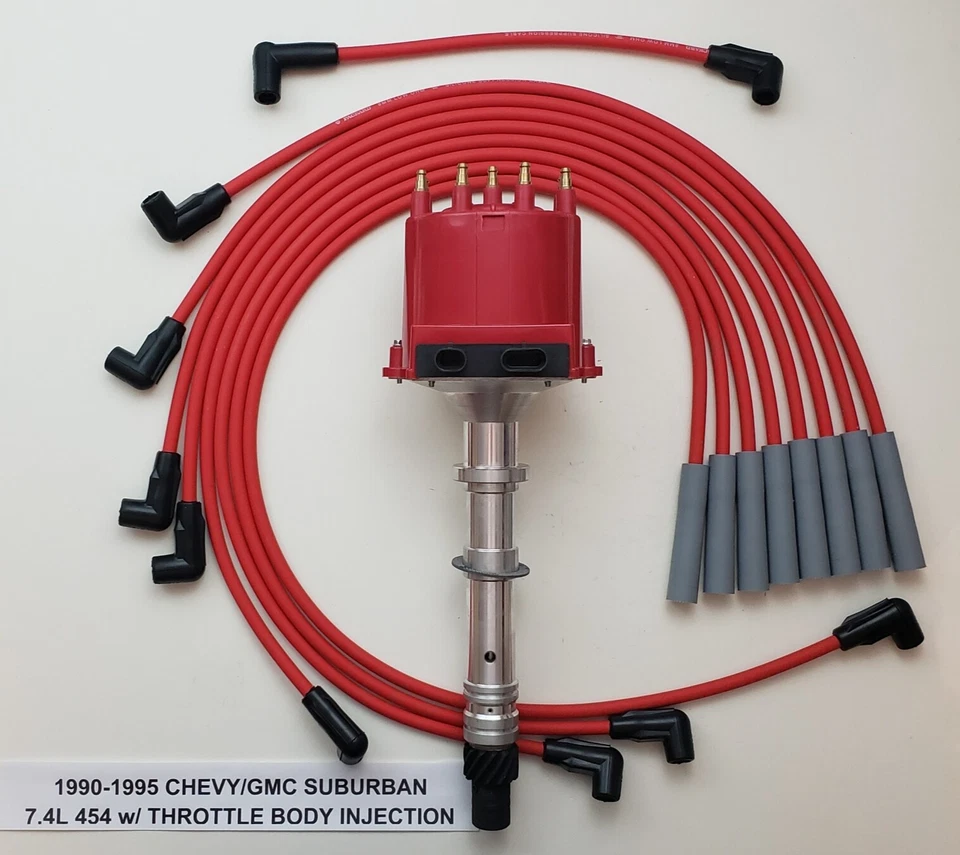 1990-1995 7.4L 454 CHEVY/GMC SUBURBAN TBI DISTRIBUTOR + 8mm RED Spark Plug Wires - Image 1 of 1