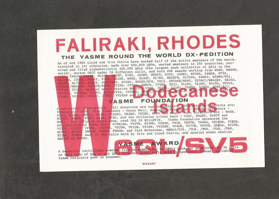 QSL Card Postcard W6QL/SV5 Yasme Foundation Lloyd Colvin Dodecanese Islands 1980 - Image 1 of 1