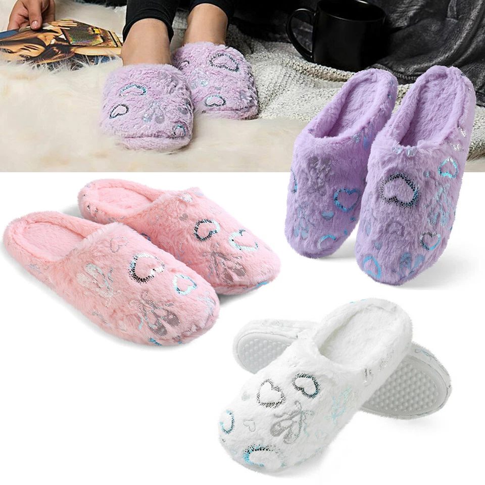 Women Fashion Plush Cozy Soft Warm Slippers Heart Pattern Indoor Bedroom Shoes - Image 1 of 4
