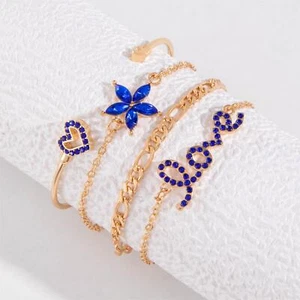 4 Stck. Blau Blume Liebe Schmetterling Armband Set mit Strass Design Valentinstag  - Bild 1 von 9