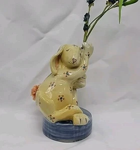 LOUISVILLE STONEWARE Rabbit Figurine Bud Vase 5.5 Inch Yellow Blue With Flowers - Picture 1 of 12