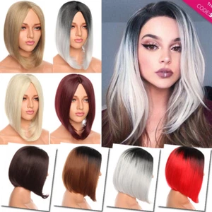 Short Bob Straight Synthetic Hair Wig Ombre Grey Bob Side Part Dark Roots Wigs - Picture 1 of 28