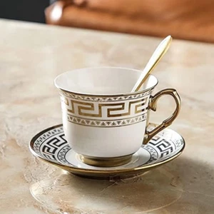 Cup & Saucer Set Golden Luxury Ceramic Porcelain Coffee Mug Tea 6 Person Set - Picture 1 of 16