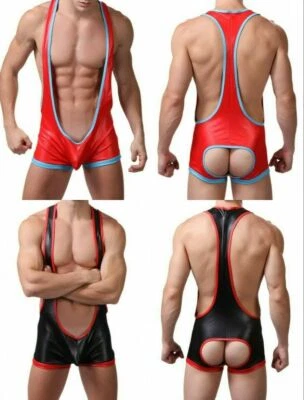 Men Jumpsuit PU Leather open butt man Wrestling Singlet Mankini Bodysuit Costume - Image 1 of 4