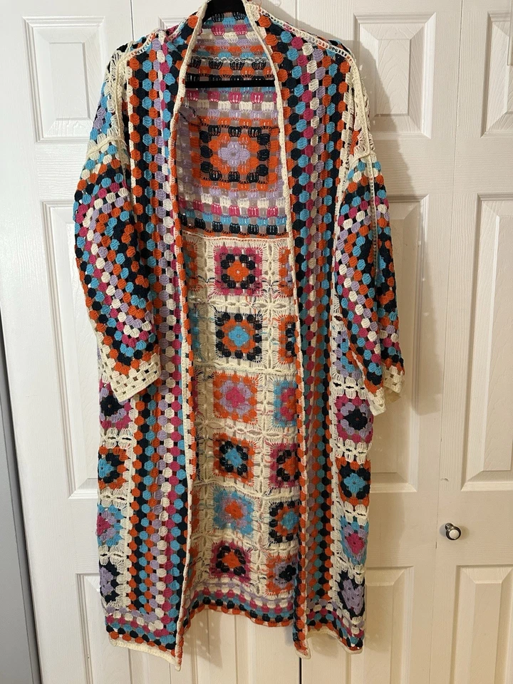 POL Crochet Knit Cardigan Long w/Fringe Boho Square Open Duster Granny core NWOT - Image 1 of 4
