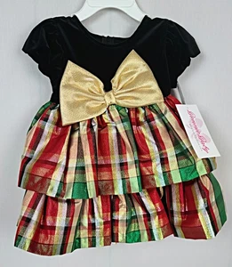Vestido Bonnie Baby 12M Niñas Vacaciones Navidad Forrado Rojo Negro Verde Metálico Nuevo - Imagen 1 de 15