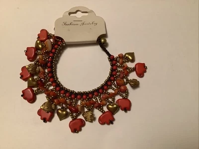 Pulsera Bohemia Dije RojoCoral Elefante Tono Dorado Pez Corazón Cuentas Palanca Nueva con Etiquetas Foto 1 de 4
