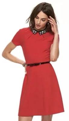Vestido Elle Vermelho 12 Natal Fit Flare Frisado Preto Gola Cinto Feriado Novo com etiquetas $64 - Imagem 1 de 4