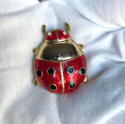 Vintage Ladybug Brooch Pin Gold Tone Enamel Rhinestone 1.5" Whimsical Retro - Image 1 of 4