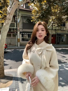 Mujeres Moño Real Piel de Zorro Puño Medio Largo 100% Lana Abrigo Capa Abrigo Invierno Talla - Imagen 1 de 26