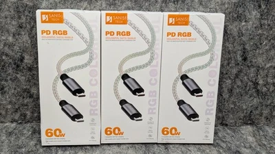 3 x USB-C to USB-C PD 60W Lighted RGB Colored Fast Charger Cable 100cm/3ft - Image 1 of 4