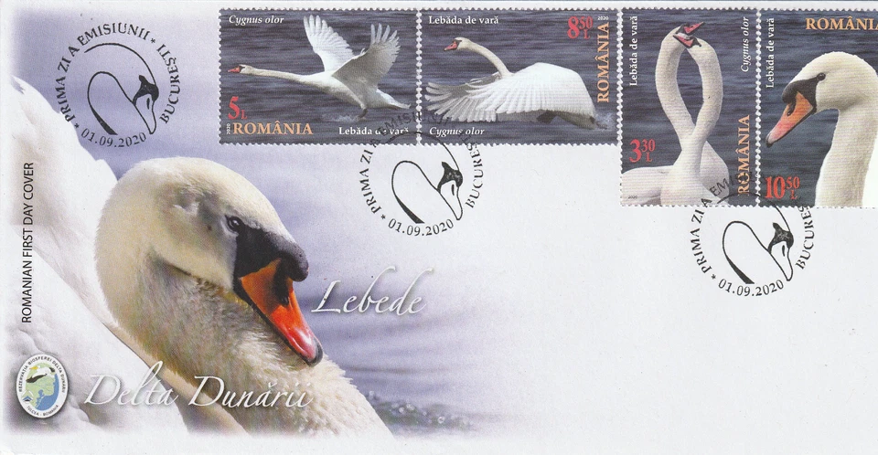 CUBIERTA RUMANIA 2020 CISNE DANUBIO DELTA UNESCO ÁREA PROTEGIDA POSTE AVES Foto 1 de 1