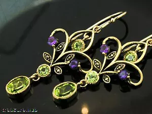 Genuine 9K Gold Natural Peridot & Amethyst Chandelier Filigree Drop Earrings - Picture 1 of 3