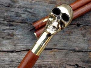 BRASS SKULL HEAD HANDLE WALKING STICK ANTIQUE WOODEN WALIKING CANE HANDMADE - Picture 1 of 9