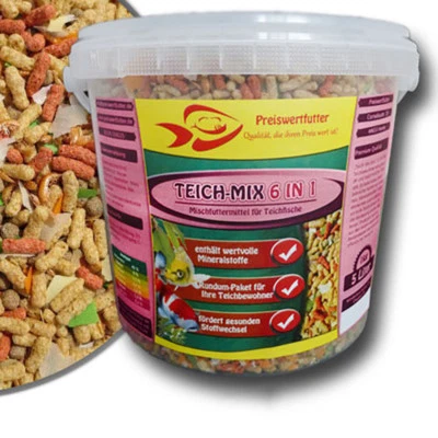 Teich-Mix 6in1 Eimer 5Liter 1 kg Flocken Pellet Teichfutter Sticks Gammarus Koi