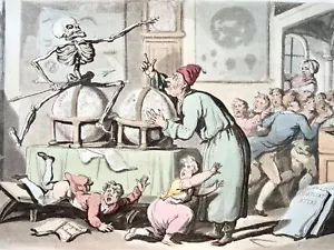 1815 Thomas Rowlandson, Dance of Death, maps, globes, hand coloured aquatint, ca - Picture 1 of 3