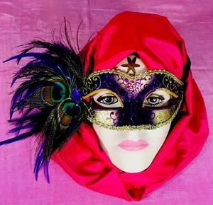 Mardi Gras Mask Multicolor With Feathers & Gold Decor - Picture 1 of 6