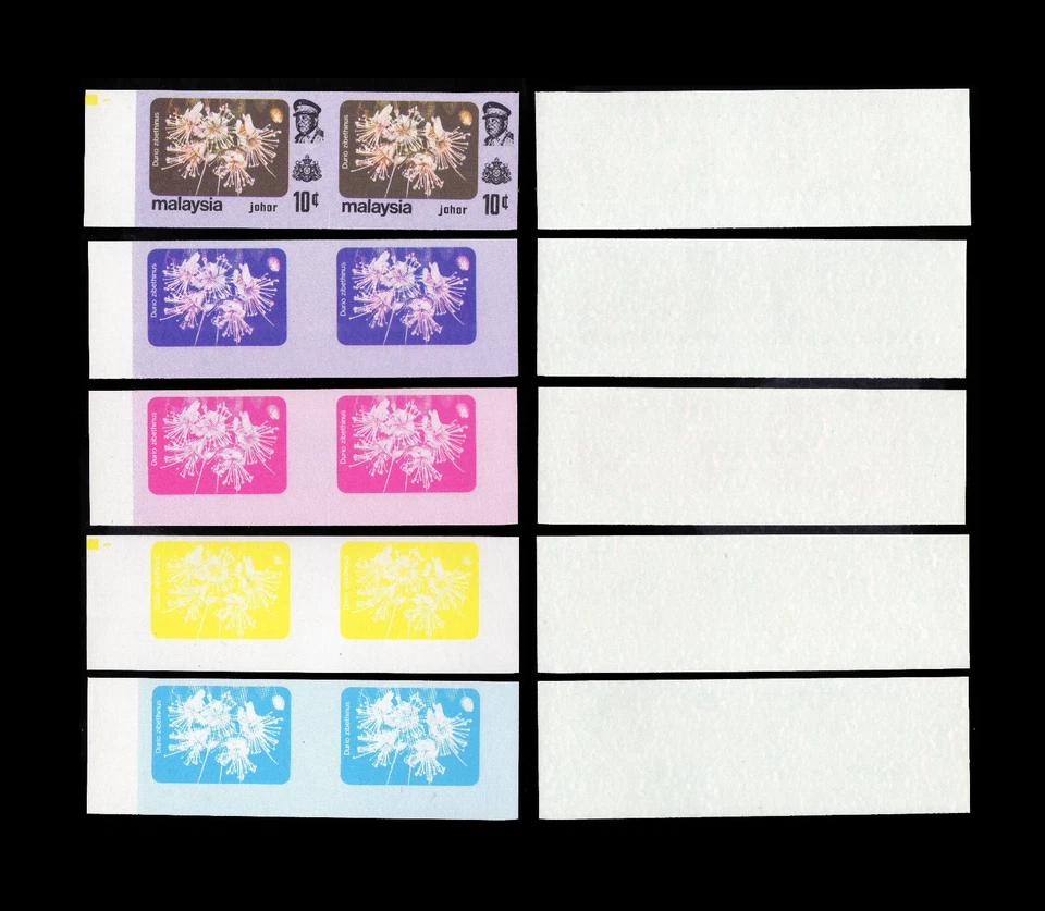 Malaysia 1979 Flowers imperf proof - Johore 10c, 5 different stages in pairs. - Image 1 of 1