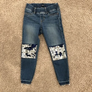 Girls  Jeans Sz 6 / GAP Denim Sequin Patched Jegging Ripped Knees - Picture 1 of 4
