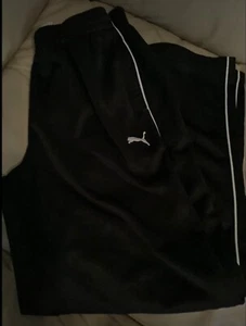 Boys Puma Sports Lifestyle Black Pants White Stripe Logo Size Medium - Picture 1 of 2