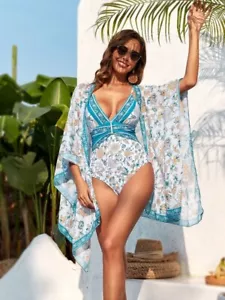 Printed Plunge One-Piece Swimwear and Cover-Up Set Size Medium - Picture 1 of 3