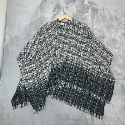 Van Heusen Poncho Womens One Size Woven Black Brown White Gray Fringe Open Knit - Image 1 of 4
