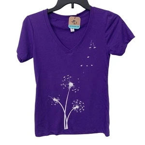 Upcycled Hand Printed Womens Small Dandelion Wish Short Sleeve V Neck Tee Shirt - Picture 1 of 5