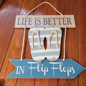 BEACH SIGN "Life Is Better In Flip Flops" Wood 14"X14" BEACH/ LAKEHOUSE Decor - Picture 1 of 4